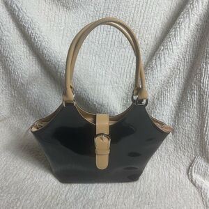 Beijo Black Patent Leather tan straps & front Buckle shoulder bag.